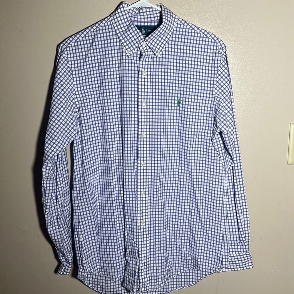 Ralph Lauren Mens Custom Fit White Indigo Plaid Shirt | Medium
